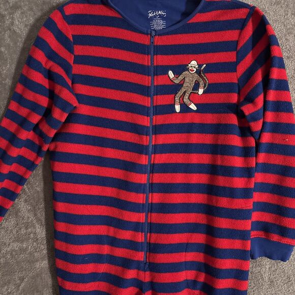 Nick & Nora Adult One Piece Footed Pajamas Sock Monkey Red Stripes Zip Up M - Picture 1 of 12
